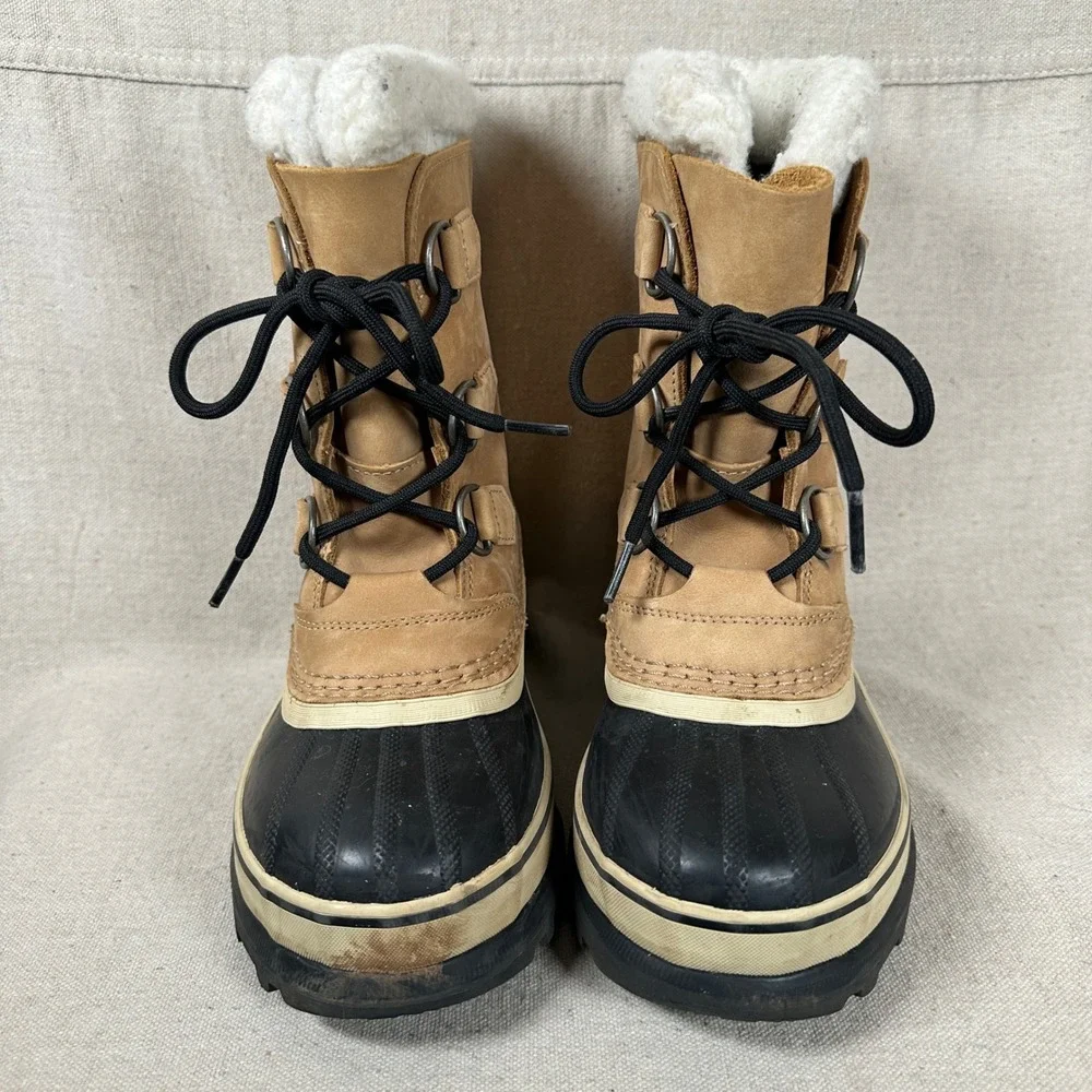 Sorel Kids 4 Caribou Waterproof Winter Snow Boot Tan Black Leather Sherpa Lining